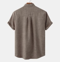Mens Stand Collar Solid Color Shirt Casual Loose Button Short Sleeve Blouse Top
