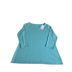 Kim Rogers Split Neck Top Men Medium Turbo Turq 3/4 Sleeve Soft Knit Casual F03