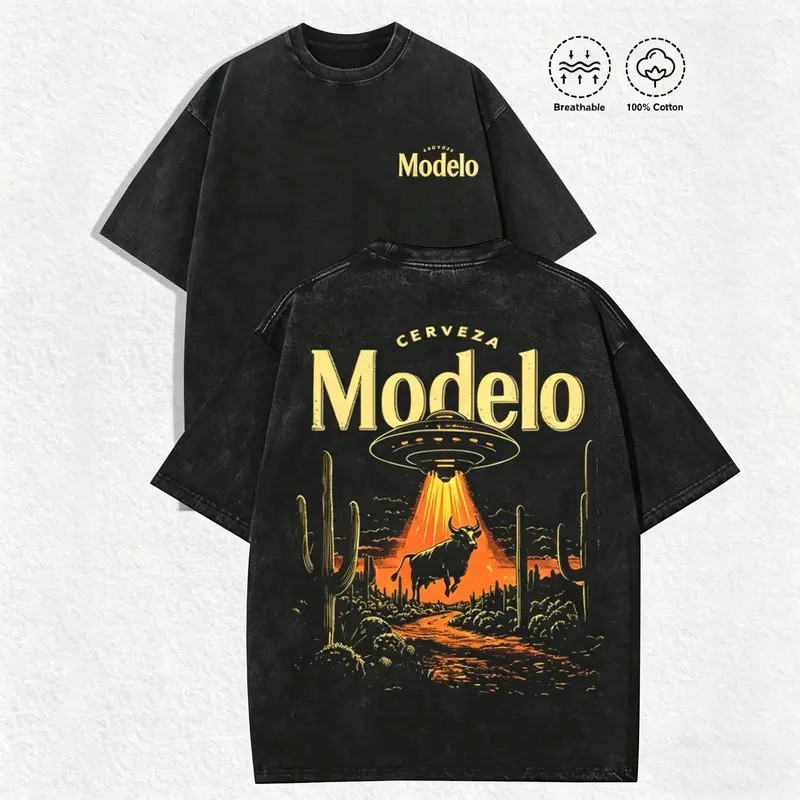 Retro Cerveza Modelo UFO Abducting Bull Desert Cactus Vintage Graphic Tee Shirt