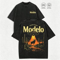 Retro Cerveza Modelo UFO Abducting Bull Desert Cactus Vintage Graphic Tee Shirt
