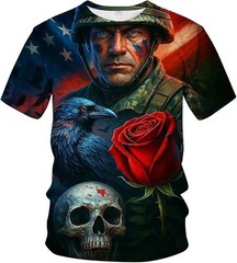 3D US Soldier American Flag T-Shirt Veteran Skull Raven Rose Graphic Tee AOP