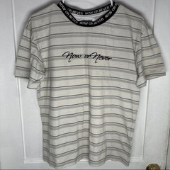 PacSun Men’s S White/Gray/Black Striped “Now or Never” Logo Crew Neck T-Shirt
