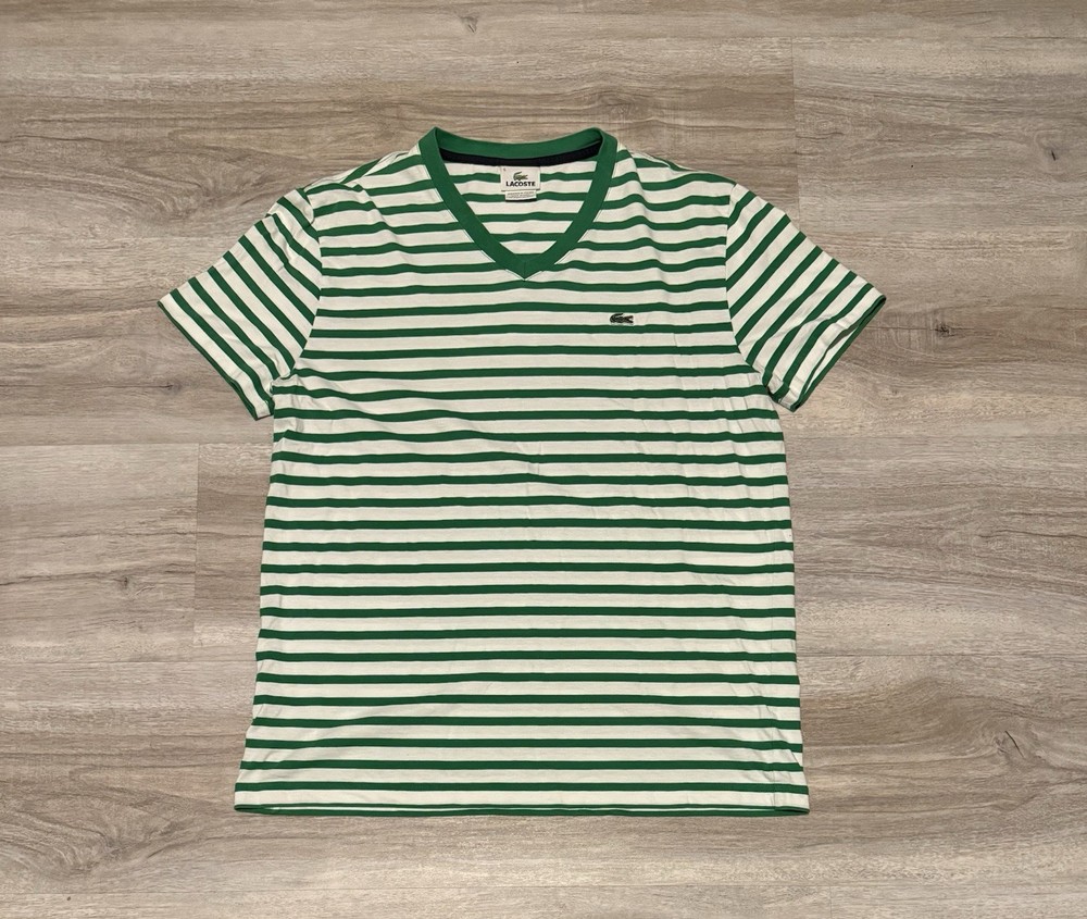 Lacoste Men’s V Neck Green White Stripe Alligator Logo T Shirt Size Medium/6