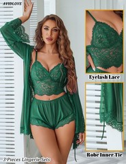 Womens Lingeries Set Lace Robe Sexy Bra and Panty Sets Babydoll Dress Green