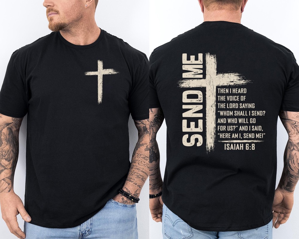 Send Me Isaiah 6:8 Christian Cross Here Am I Send Me Retro Front & Back T-Shirt