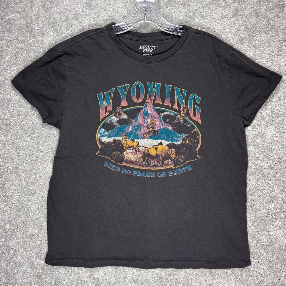 Mighty Fine Wyoming Graphic Tee Black Cotton Short Sleeve Mens Large LG