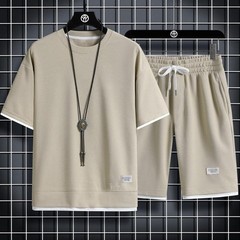 Summer Men’s Waffle Sets Casual T-Shirt And Shorts Set Male Sports Suit