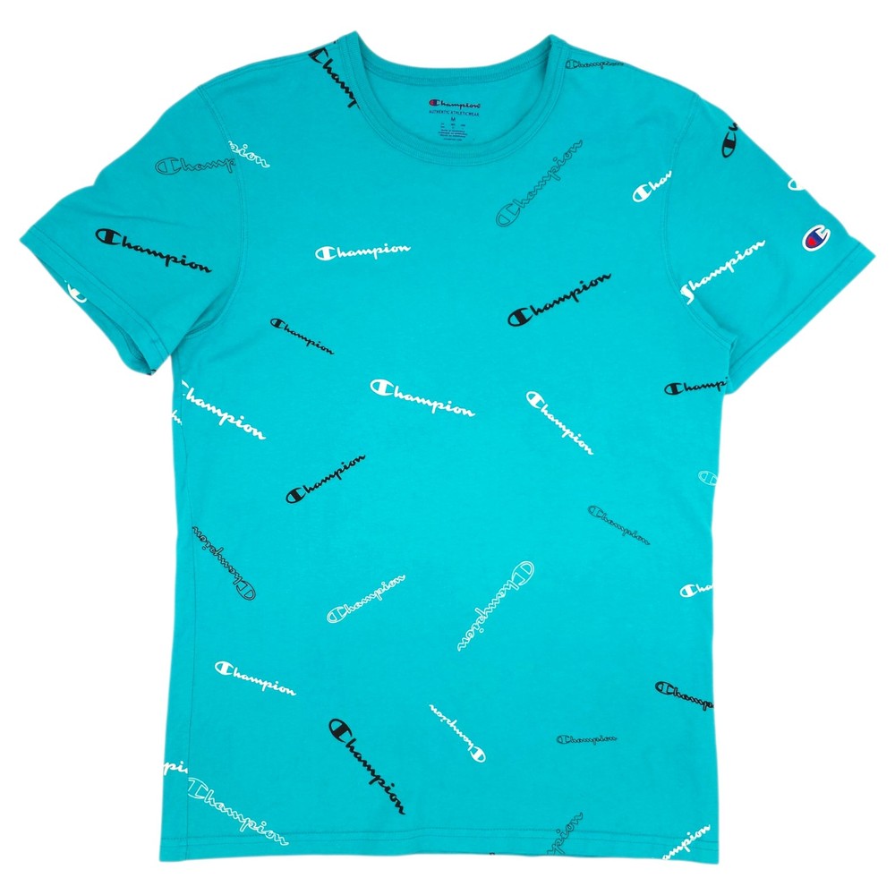 Champion Shirt Mens Medium Blue All Over Print Logo Graphic Tee T-Shirt Cotton