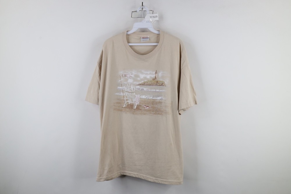 Vintage 90s Streetwear Mens XL Distressed Beach Lighthouse T-Shirt Beige Cotton