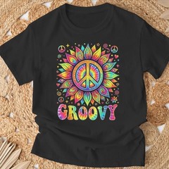 Vintage 70s Tie Dye T-Shirt Groovy Sunflower Peace Sign Hippie Festival Tee
