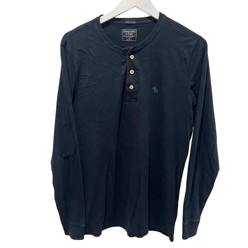 Abercrombie & Fitch Mens Long Sleeve Henley Shirt Blue M Logo Casual Top Preppy