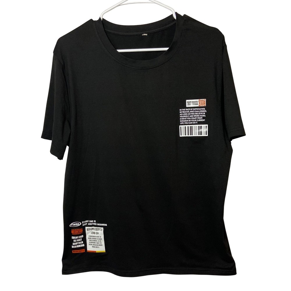 Mens Believe In Yourself Graphic T-Shirt Black Angel Flames Streetwear Size L