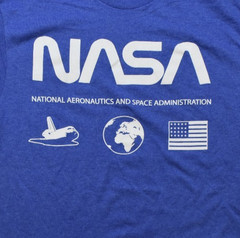 NASA Mens Space Shuttle, Earth, American Flag Icons Blue Shirt New Medium