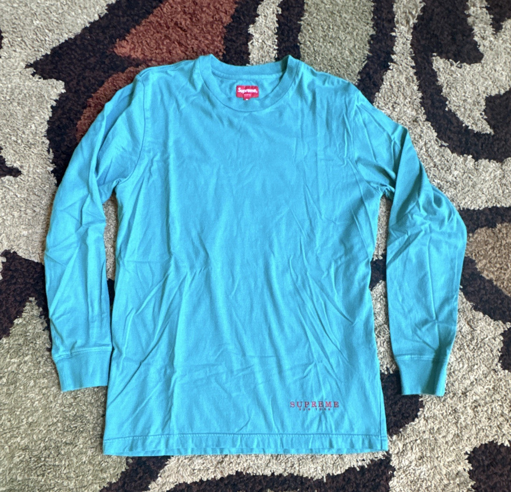 Supreme Logo Cotton Knit Crew Neck Long Sleeve T-Shirt Cyan Men’s Size M