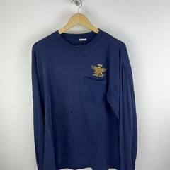 Faded/distressed vintage Navy blue long sleeve shirt with yellow logo size large