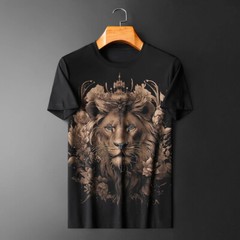 New Fashion Lion Rhinestone Summer Short Sleeve Luxury Men Cotton Trend T-Shirt