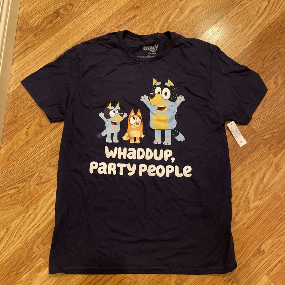 Bluey New Adult T-Shirt – Bandit Bingo Bluey Whaddup, Party People-Large