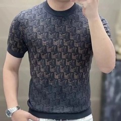 Men’s Premium Jacquard Knit Short Sleeve Sweater Hip Hop Fashion T-Shirt