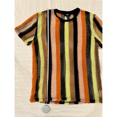 Mesh Crochet Knit Shirt Men’s Small Striped Festival Coastal Y2K Sheer Unisex