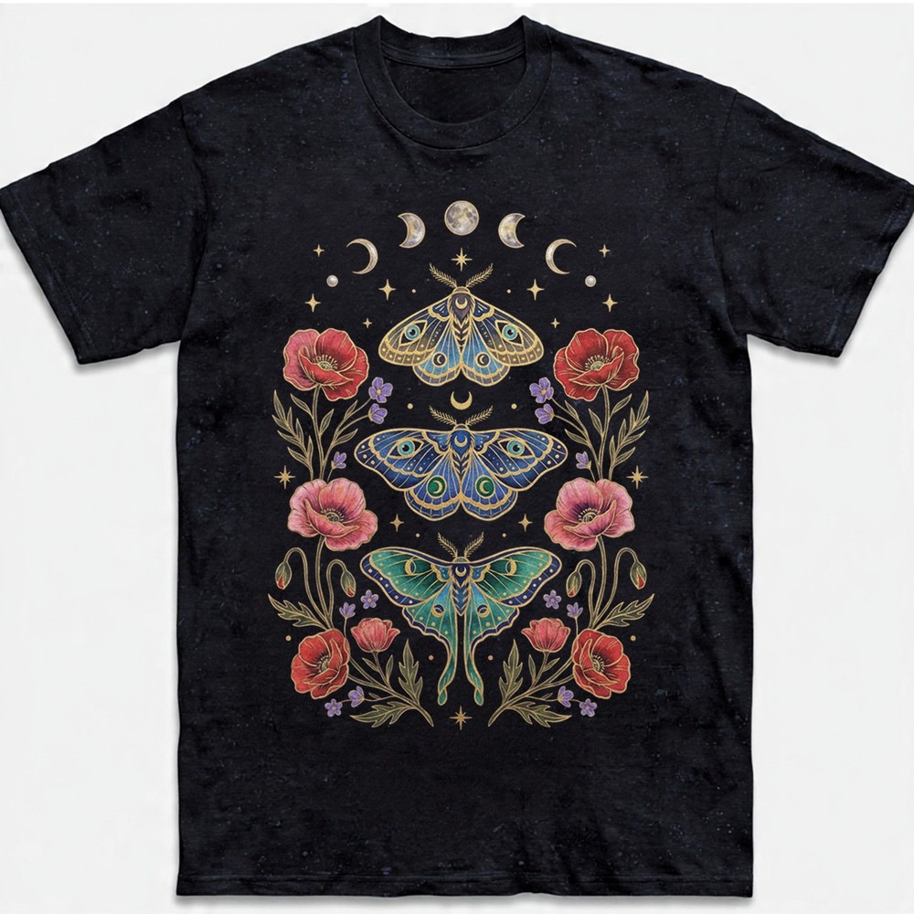 Celestial Moth T-Shirt Luna Moon Phase Flower Cottagecore Witchy Tee