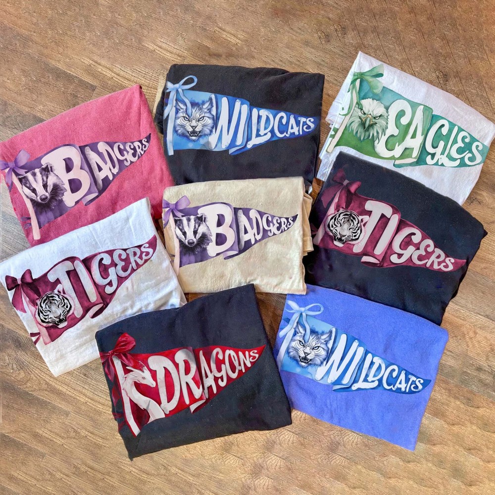 Custom Mascot Watercolor Pennants Flag, School Spirit Tee, Team Name T-Shirt