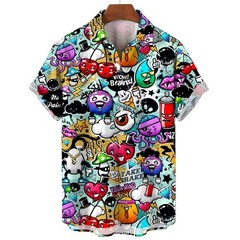 Mens Button Down Shirts Graffiti Printed Hawaiian Colour Top Summer Gift Shirt