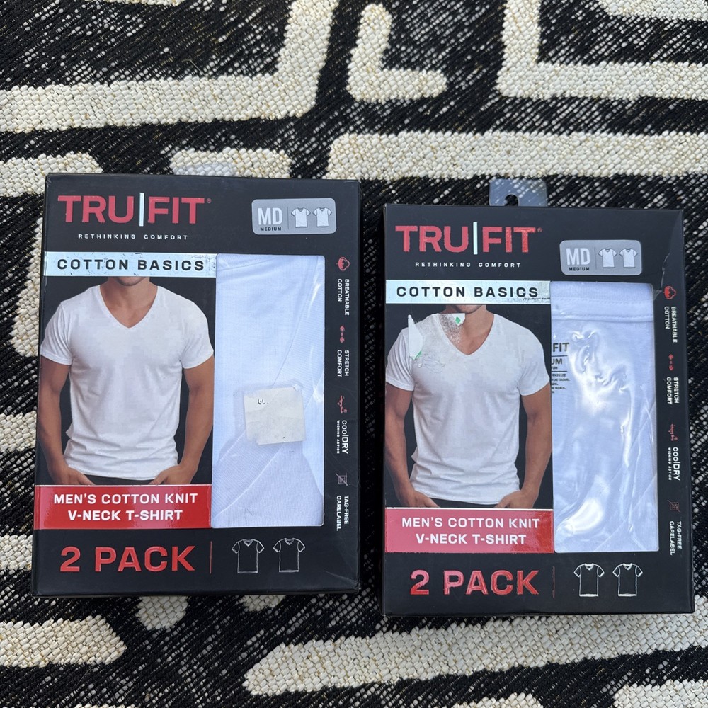Tru Fit Men’s Cotton Knit V-Neck T-Shirt 2 Pack, Lot Of 2, Men’s M, Wht, NIB