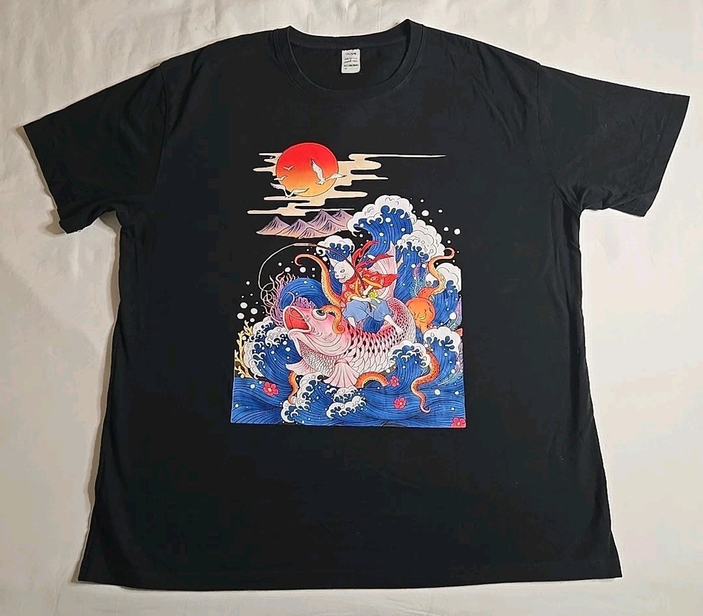 Japanese Ukiyo-e Art Style Graphic Print T-shirt Soild Black Size XL
