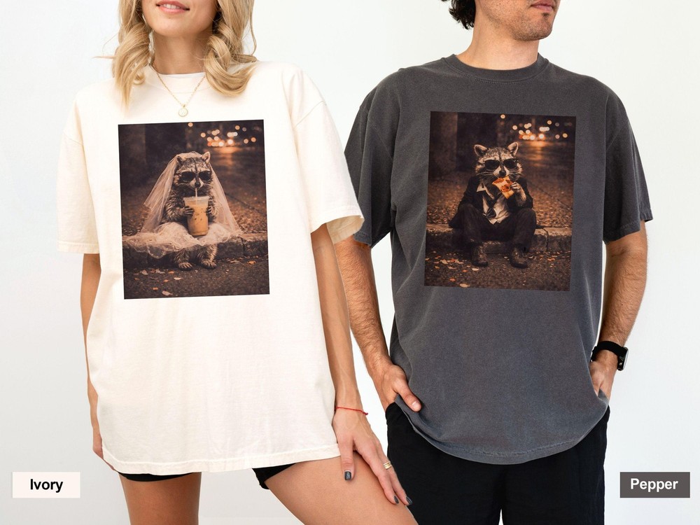 Bride Groom Raccoon Photo Wedding Shirt Funny Mr Mrs Matching Couple Gift Tee