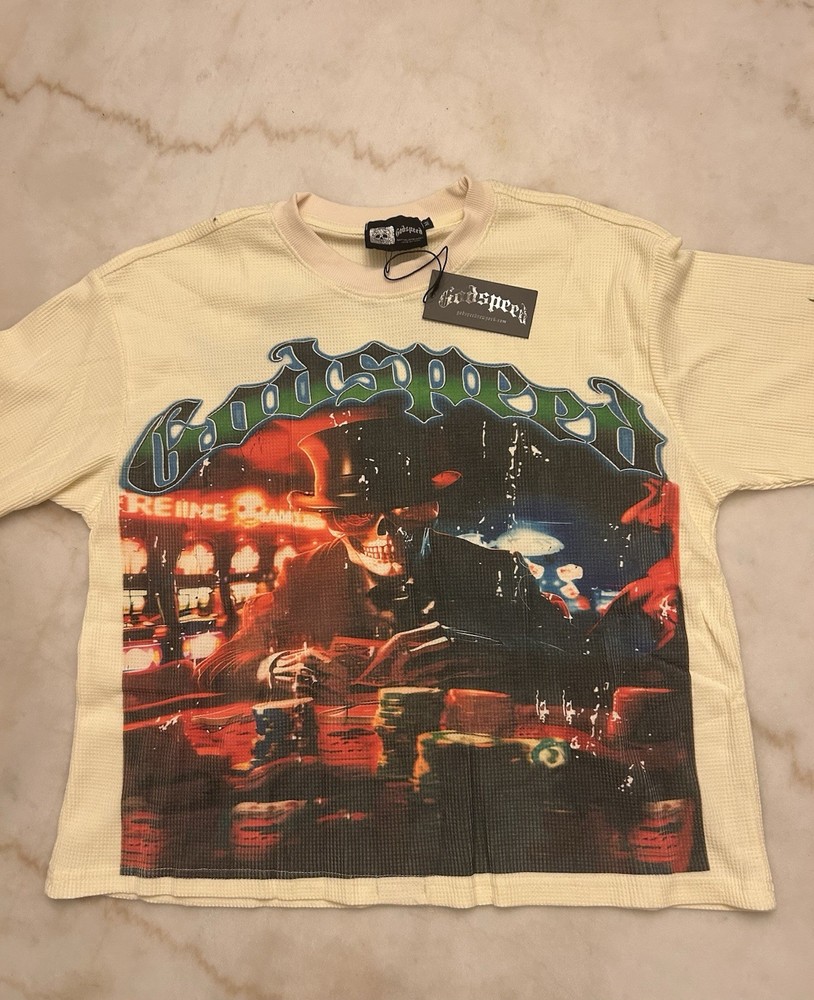 Godspeed Limited Edition Graphic Cotton Crew Neck Long Sleeve T-Shirt Cream Mul…