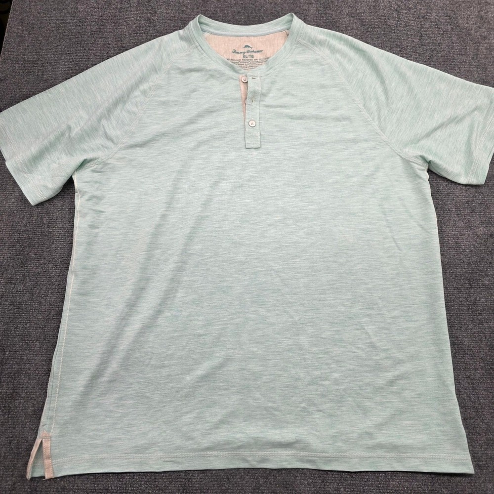 Tommy Bahama Mens XL Henley Shirt Short Sleeve Seafoam Green Heather Recycled
