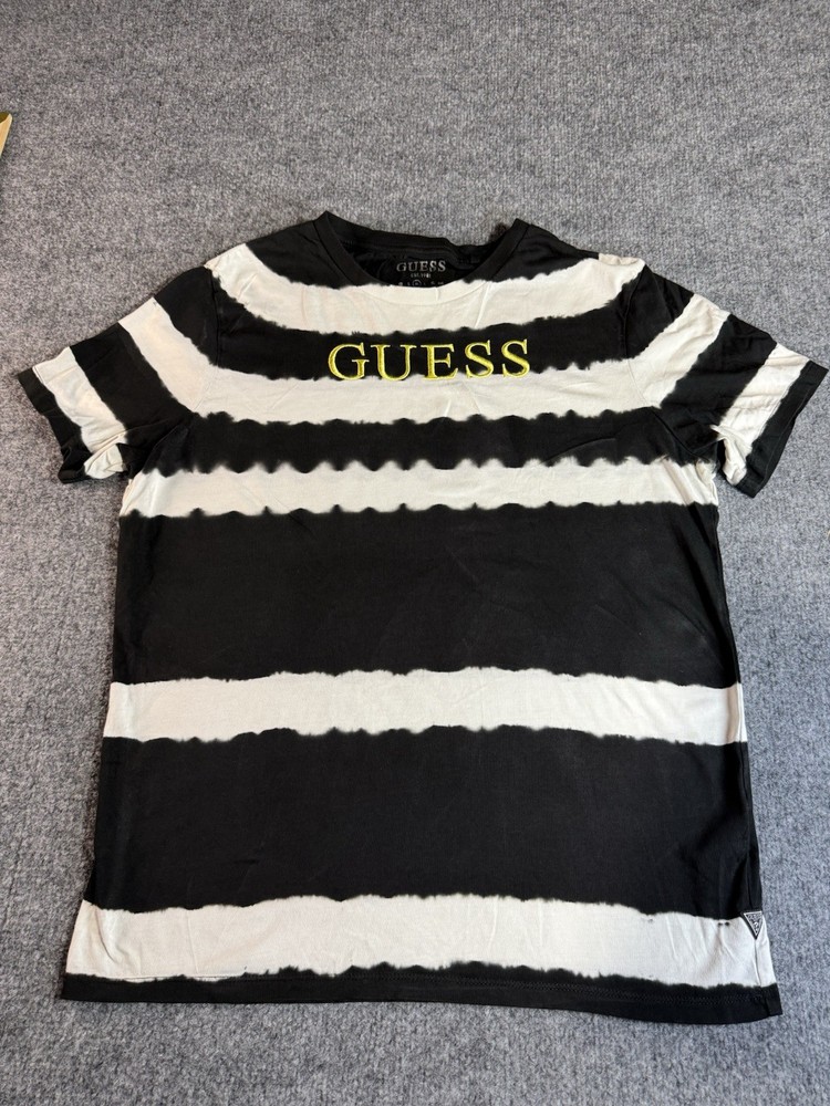 Guess Black & White Striped Embroidered T‑Shirt – Size M – Tie‑Dye Style