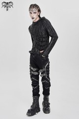 Devil Fashion Men Black And Gray Striped Gothic Asymmetric Hooded T-Shirt Tops