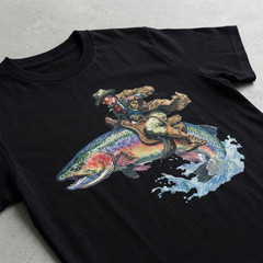 NEW!! Western Cowboy Riding Fish T-Shirt Funny Rainbow Trout Graphic Tee