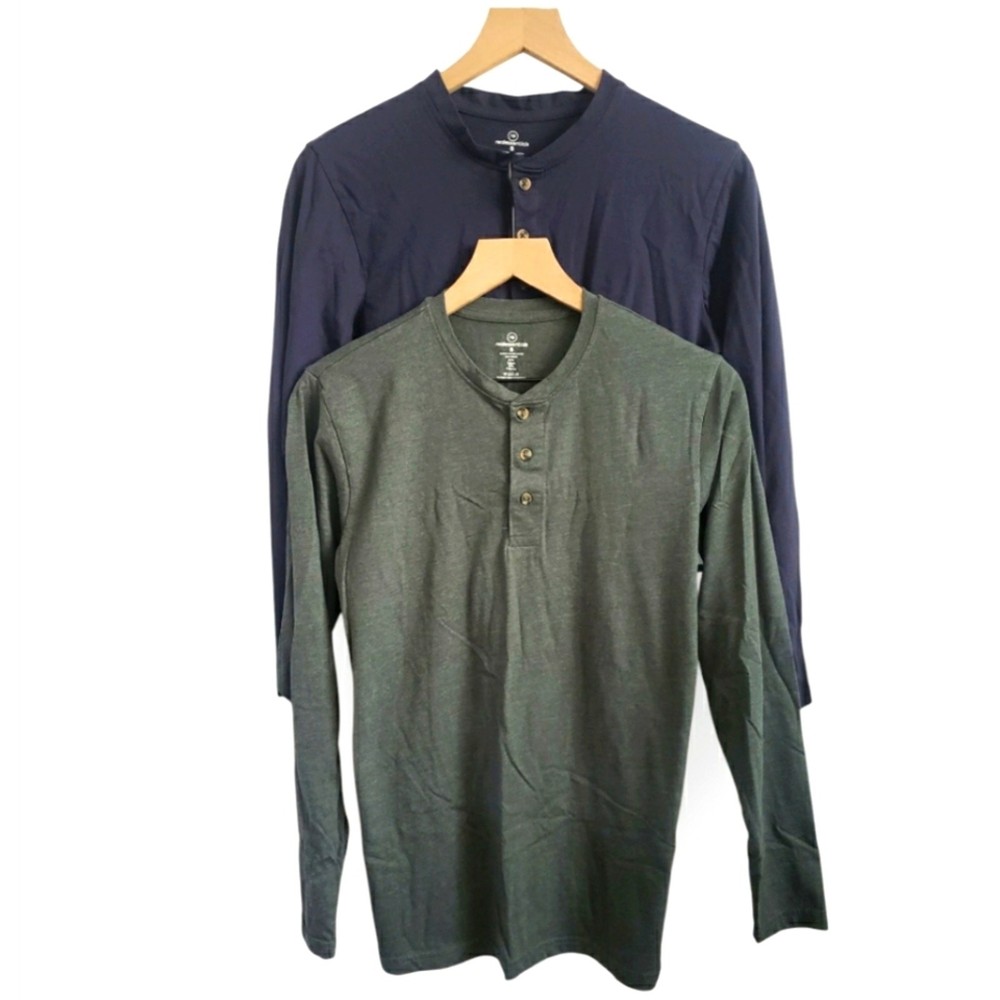 Real Essentials Men’s Henley Shirts (2) – Green and Navy – Size S
