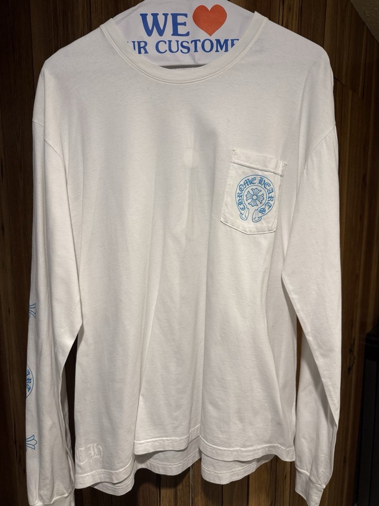Chrome Hearts Men’s XL White/Blue Long Sleeve Crewneck Pocket Cross Logo Tee