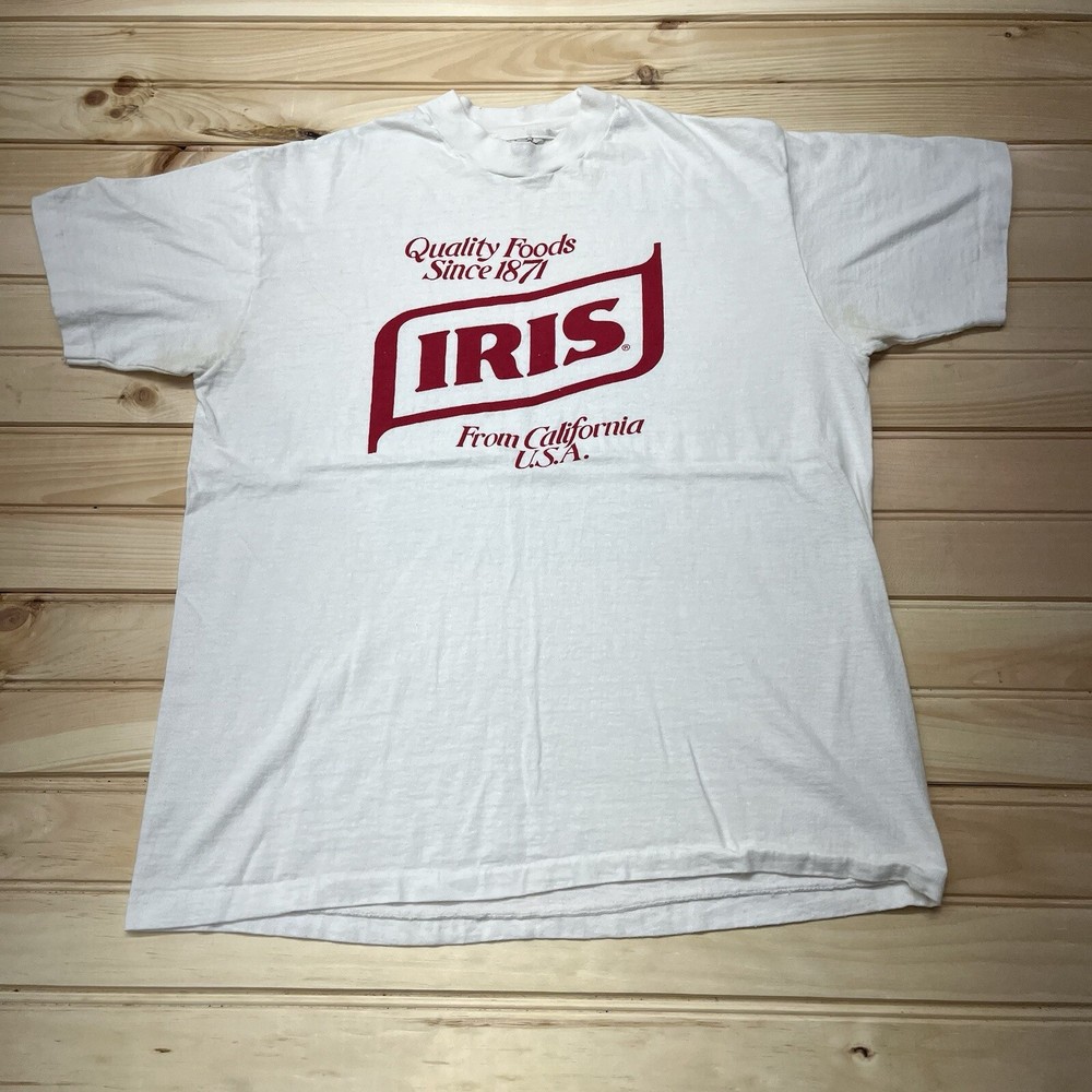Vintage 80s Iris Quality Foods California USA Advertisement Shirt Size Large