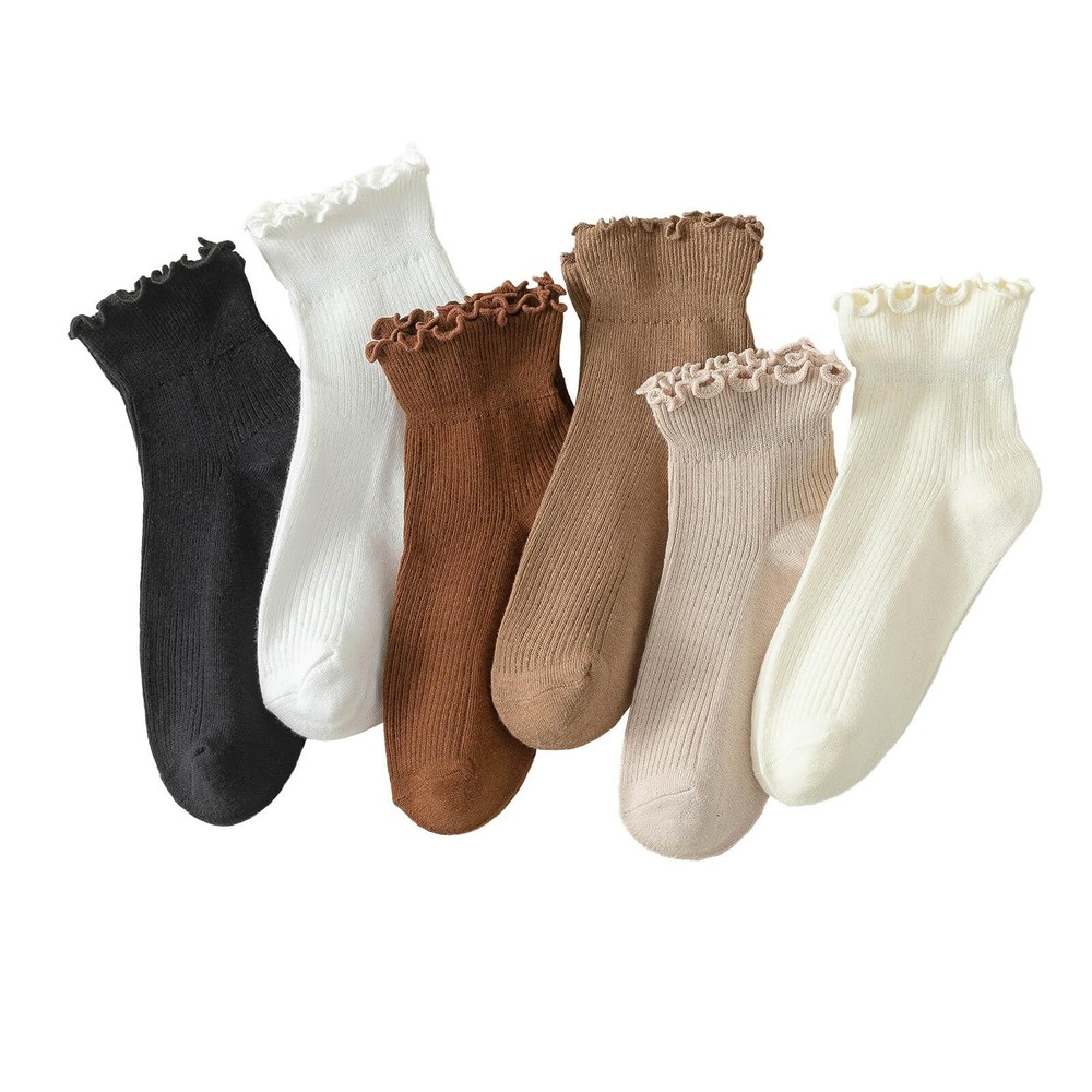 Ruffle Socks Women, Turn-Cuff Casual Cute Ruffle Ankle Socks 6 Pairs Mixed Color