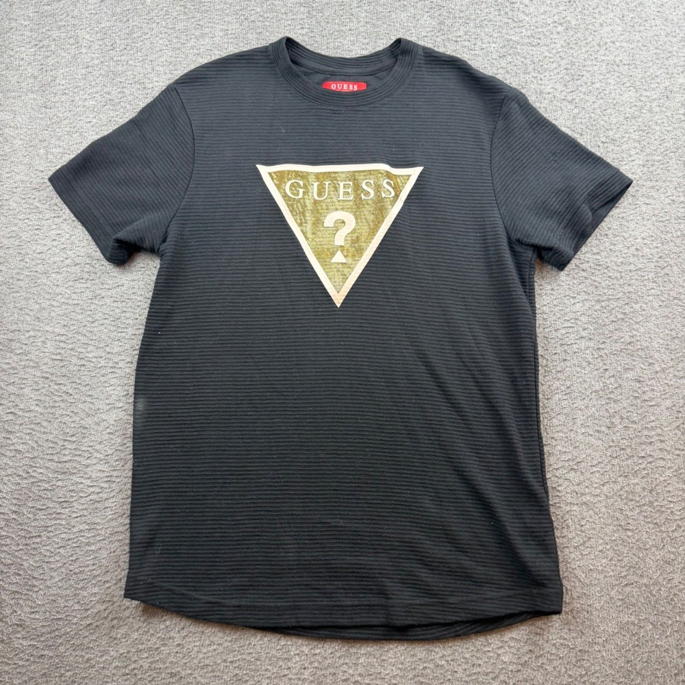 Guess T-Shirt Men’s Small Black Ribbed Gold Triangle Logo Patch Short Sleeve