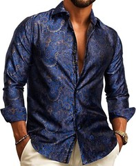 Mens Silk Paisley Western Shirt Long Sleeve Button Down Cowboy Dress Top Casual