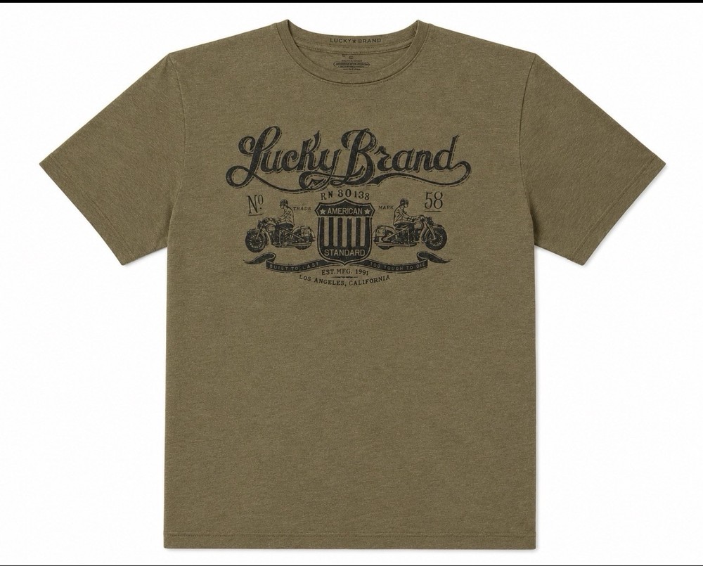 Lucky Brand T-Shirt Men’s M Olive Green Motorcycle Biker Short Sleeve Crew Neck