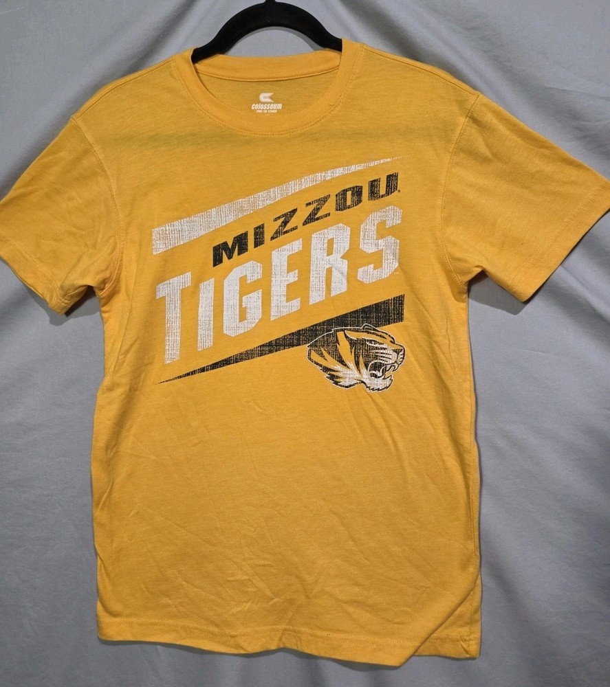 Colosseum Missouri Mizzou Tigers Women’s Small Yellow Crew T-Shirt Front & Back
