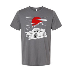Toyota GR86 Unisex T Shirt With Drift Car Graphic Under Red Sun And Mountain Sce