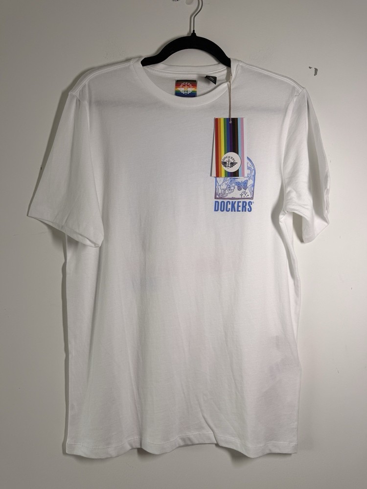 Dockers Unisex Slim Fit Graphic Tee Rainbow Pride Day Top S White Short Sleeve