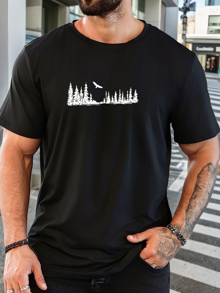 Men’s Forest Pattern Summer Round Neck Short Sleeve T-Shirt, PLUS SIZE