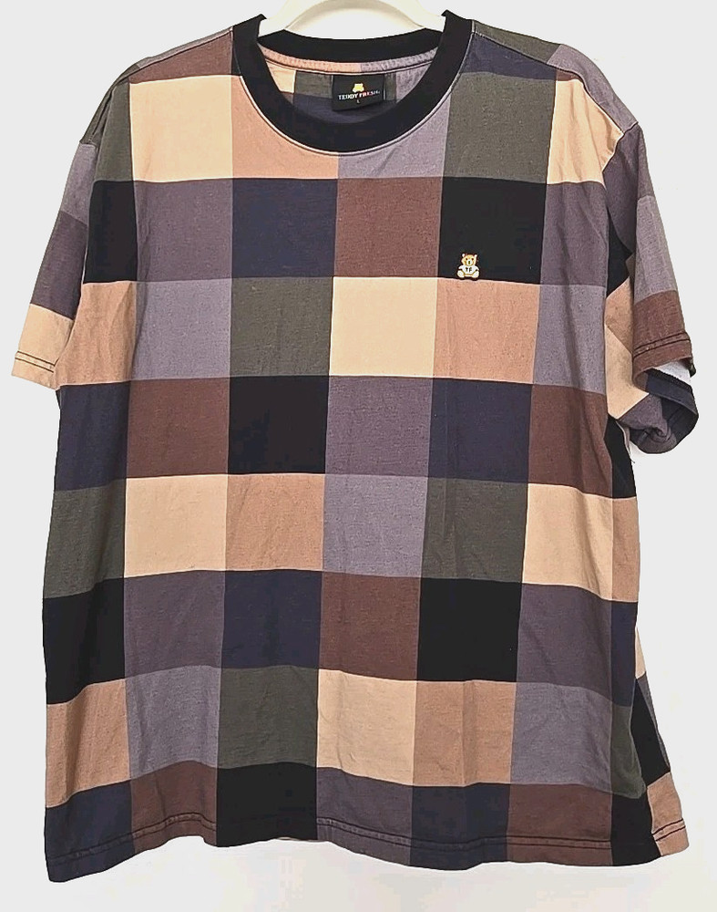 Men’s Teddy Fresh Squares Color Block T-Shirt L brown tan green beige gray navy