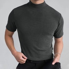 Men’s Summer Tight Fashion High Collar Solid Color Short Sleeve T-shirt Top