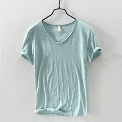Men Pure Color Cotton Short Sleeve T-shirts V-neck Sports Casual Tops Summer