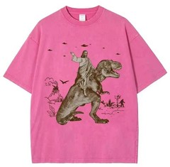 Men’s Multicolor Jesus Dinosaur Graphic Print Crew Neck Short Sleeve T-Shirt L