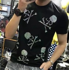New Men Luxury Rhinestones Gothic Fashion Skull Black White T-Shirt High Quality
